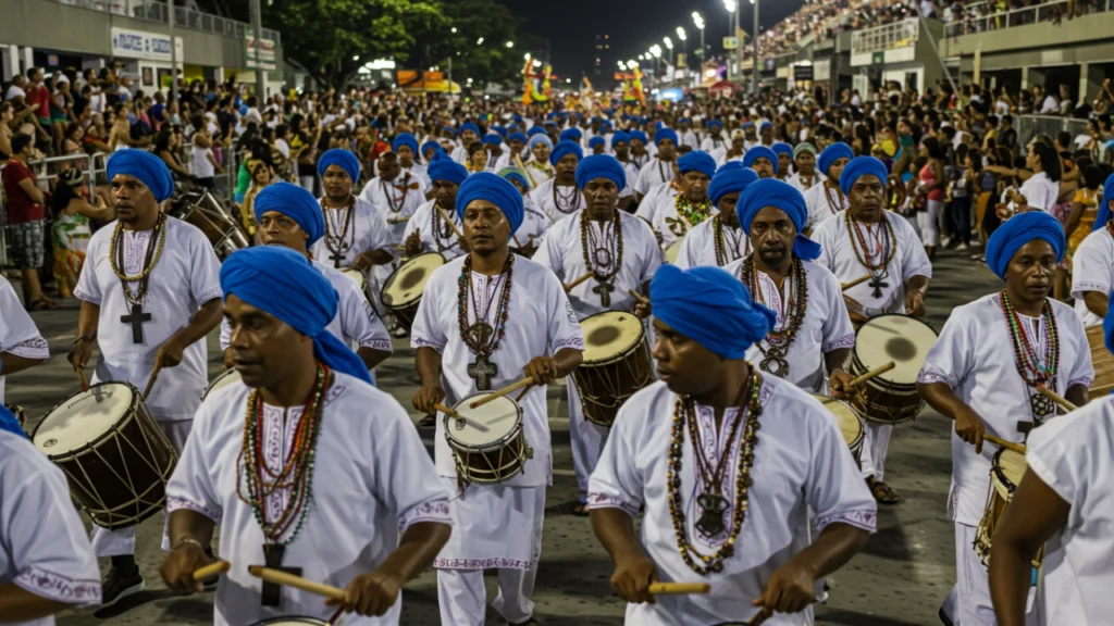 Blocos de Carnaval do Rio de Janeiro: Desfile do Afoxé Filhos de Gandhi no Rio com integrantes usando túnicas brancas e turbantes azuis ao som de atabaques e agogôs