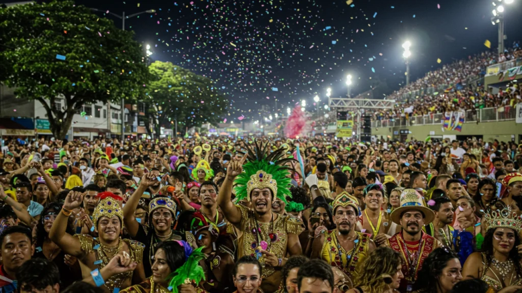 Multidão animada curtindo um bloco de Carnaval no Rio de Janeiro, com confetes coloridos e foliões fantasiados.