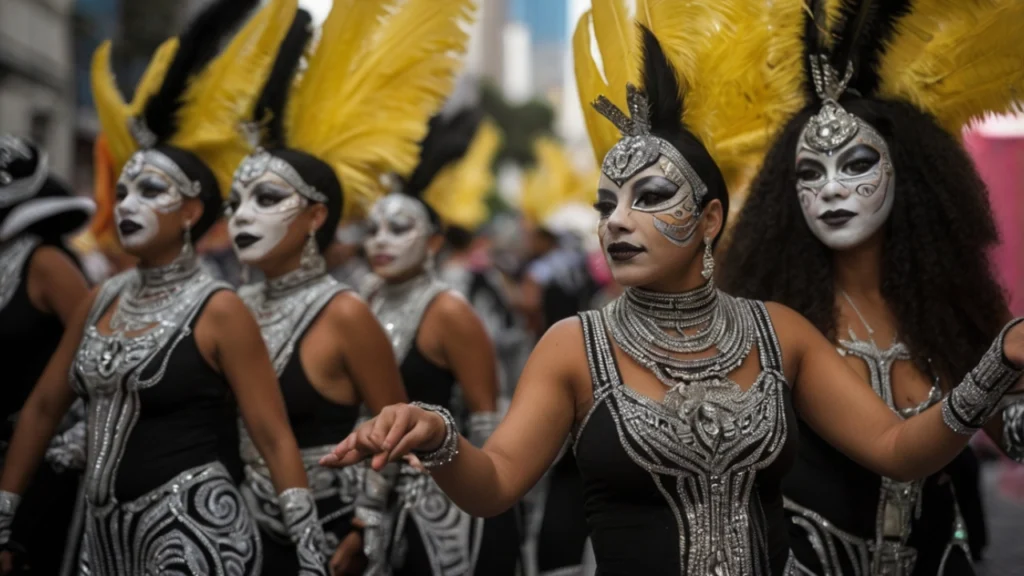 Bloco Cordão da Bola Preta no Rio de Janeiro, com foliões vestidos de branco e preto celebrando o Carnaval.