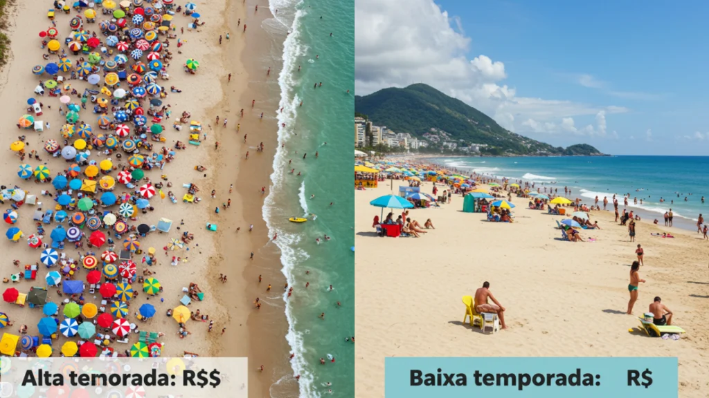 Comparação visual entre praia lotada na alta temporada e a mesma praia tranquila na baixa temporada no Brasil