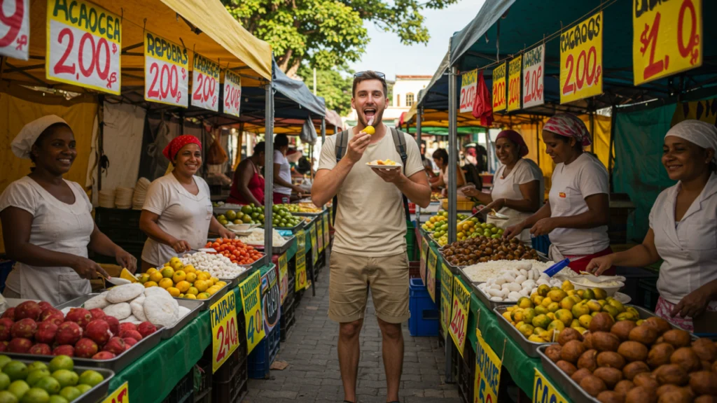 Pessoa degustando comida em feira livre brasileira com barracas coloridas e vendedores locais
