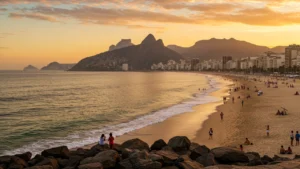 Vista panorâmica da Praia de Ipanema ao pôr do sol com Morro Dois Irmãos ao fundo, areia dourada e mar azul-esverdeado com ondas suaves
