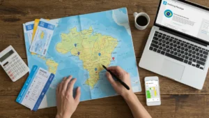 Pessoa planejando viagem econômica pelo Brasil com mapa, calculadora e passagens aéreas promocionais sobre uma mesa de madeira
