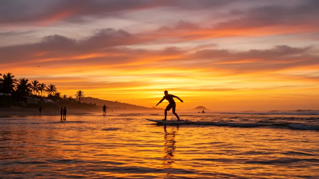 Surfista pegando onda ao pôr do sol na Praia de Maracaípe em Porto de Galinhas