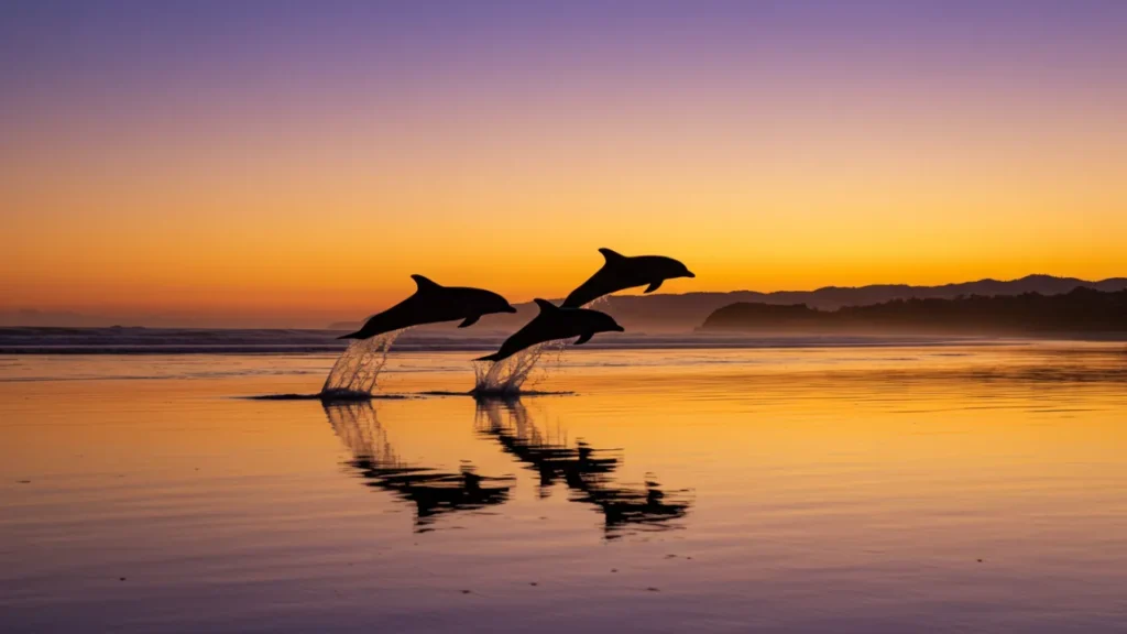 Família de golfinhos saltando próximo à costa de praia deserta brasileira ao entardecer
