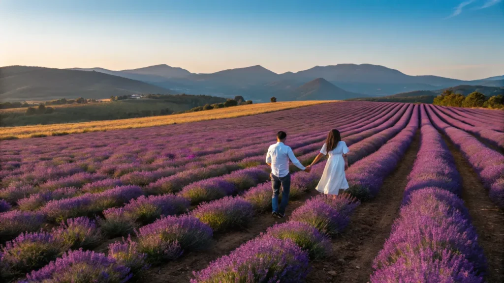 Casal caminhando de mãos dadas entre campos floridos de lavanda em Cunha, São Paulo, destino romântico com atmosfera europeia