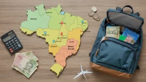 Mapa do Brasil com destinos econômicos marcados e notas de dinheiro representando economia em viagens