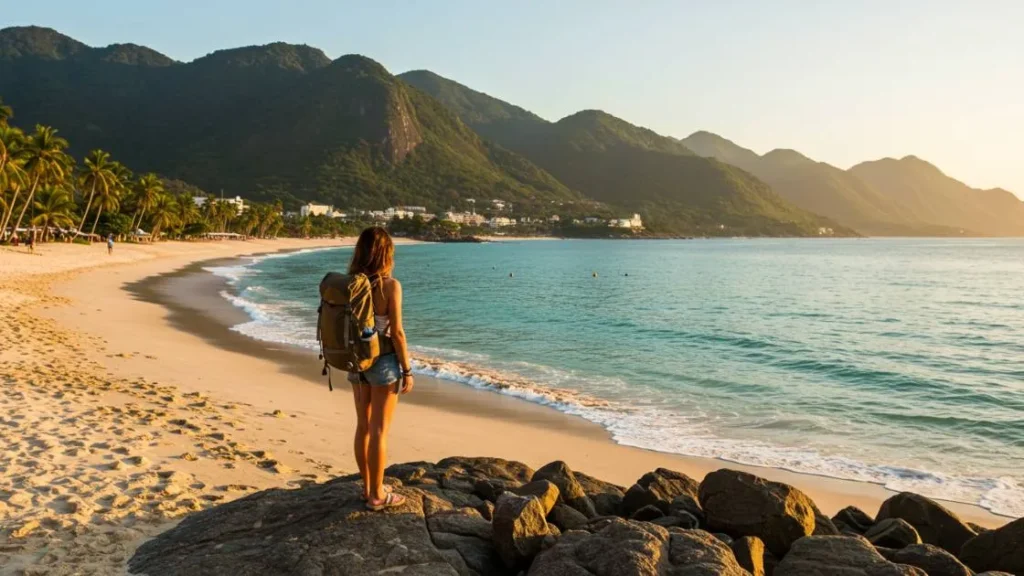 Mulher viajando sozinha em praia brasileira ao pôr do sol - destinos ideais para viajar sozinho no Brasil