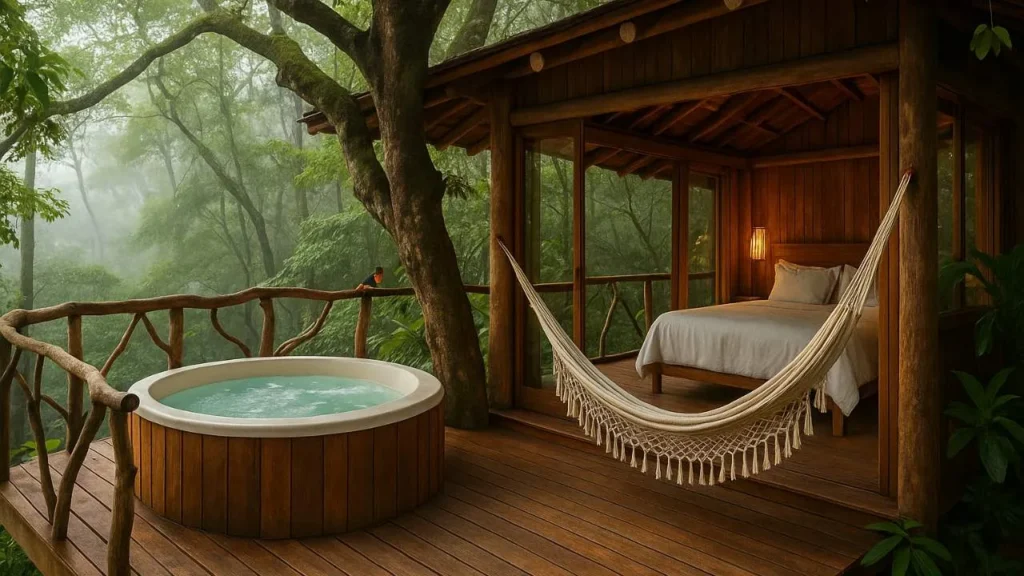 Suíte suspensa na copa das árvores com jacuzzi privativo em hotel ecológico em Trancoso Bahia