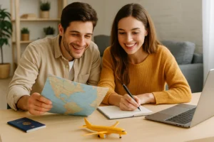 Casal jovem planejando viagem em casa com mapa, notebook e passaporte