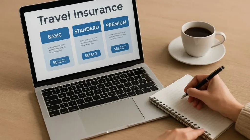 Comparação de planos de seguro viagem em tela de laptop com caneta e café ao lado