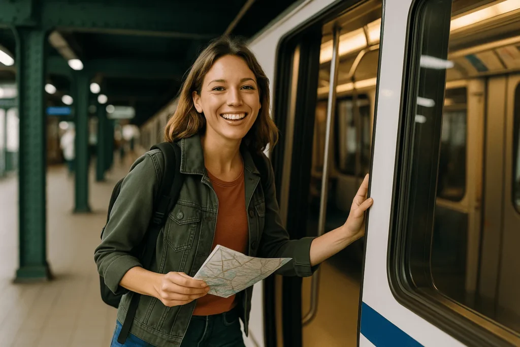 Turista sorridente entrando em metrô europeu, economizando no transporte.