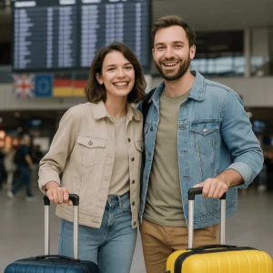 Casal feliz com malas em aeroporto internacional economizando na viagem
