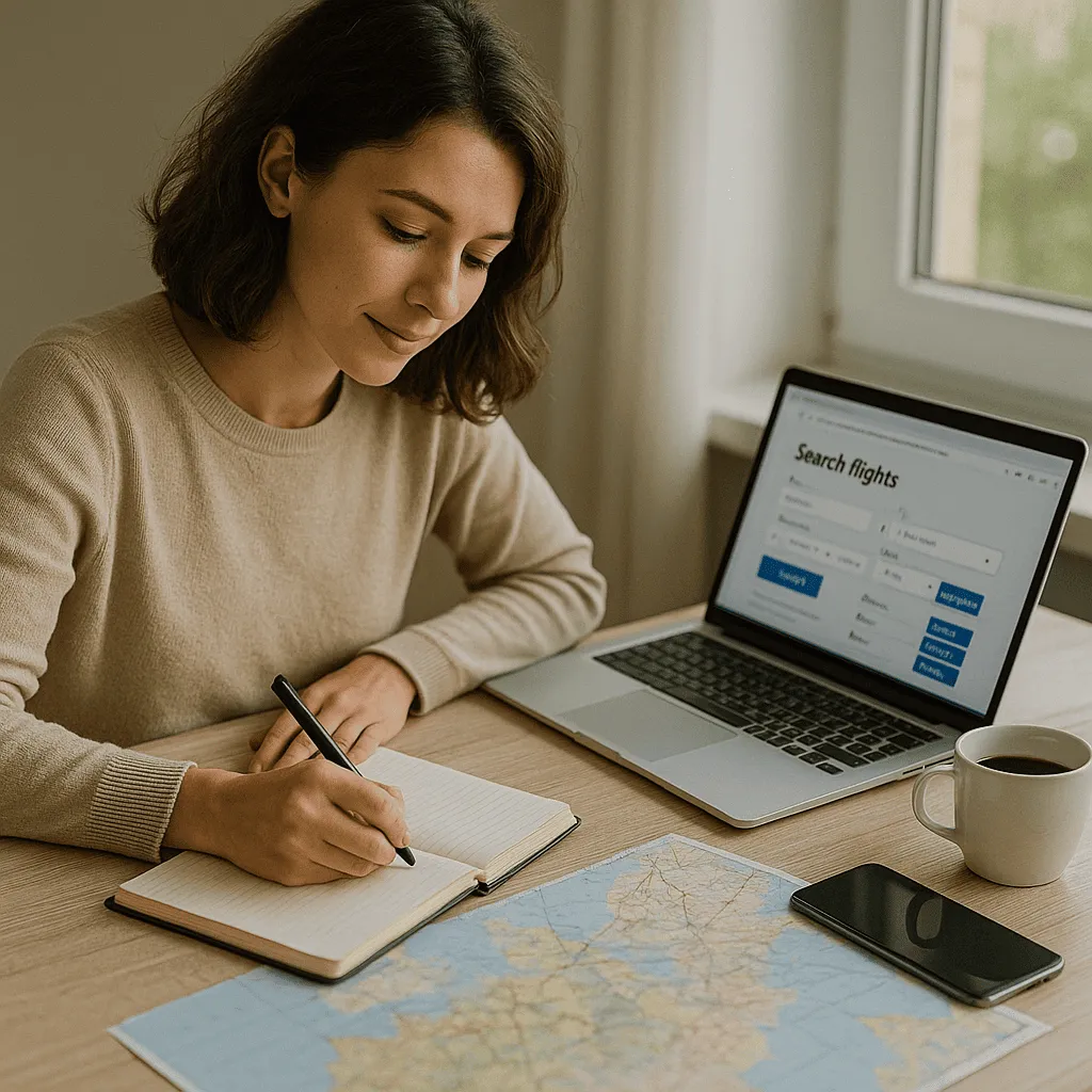 Mulher anotando em caderno com laptop aberto, organizando viagem econômica. economizar em viagens internacionais
