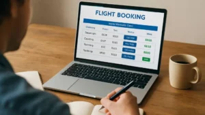 Viajante feliz consultando passagens aéreas em notebook com mala ao lado.