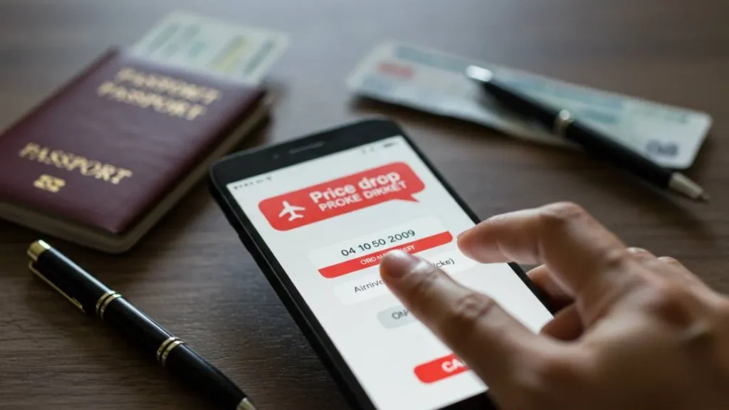 Celular exibindo alerta de preço para passagem aérea com dedo tocando na tela.