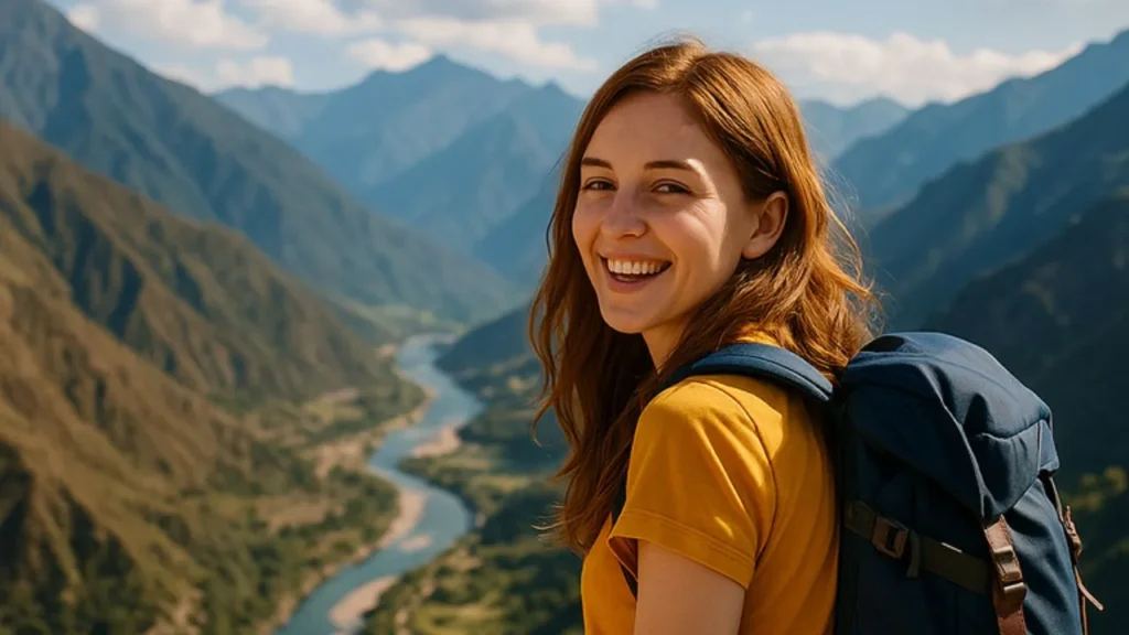 Jovem viajante explorando paisagem andina com mochila, sorrindo em um mirante natural.