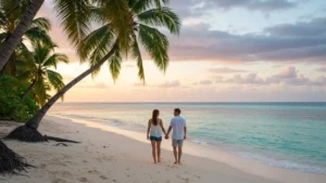 Casal romântico caminhando em praia paradisíaca brasileira ao pôr do sol com águas cristalinas