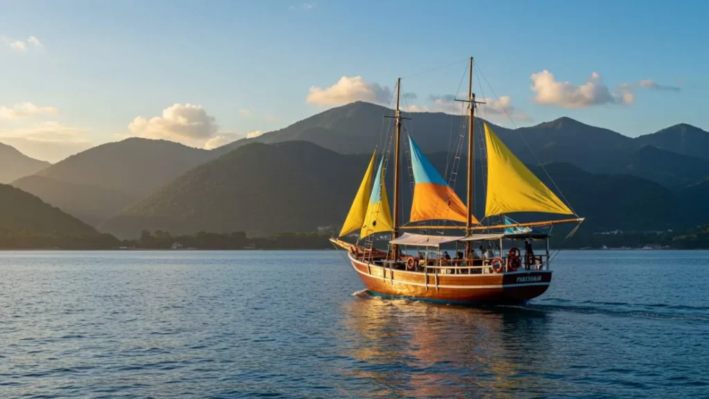 Escuna tradicional saindo da baía de Paraty para passeio romântico econômico às ilhas tropicais