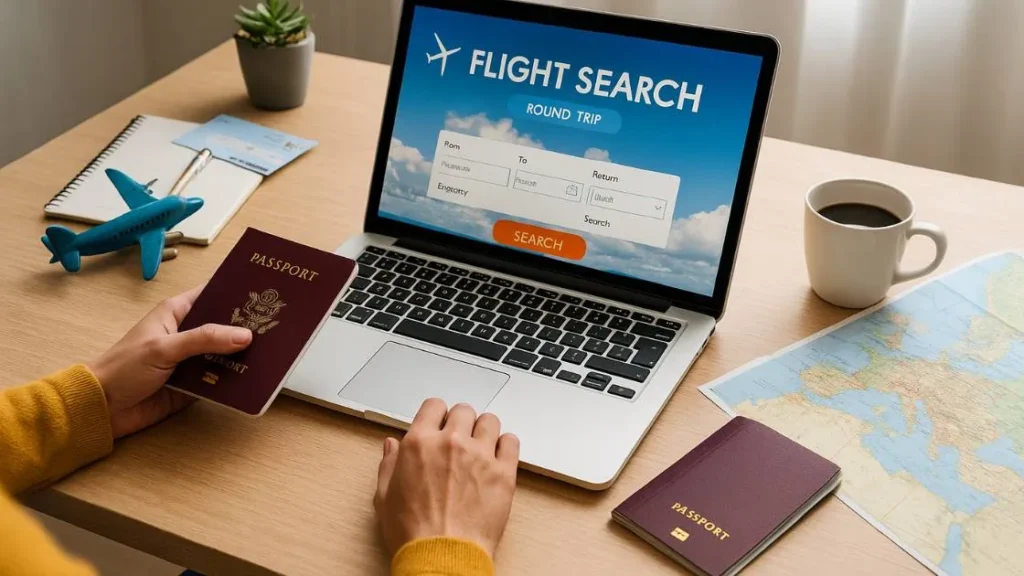 Planejamento de viagem com calendário, caneta, mapa e notebook abertos sobre a mesa Passagens Aéreas Baratas