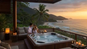 Casal relaxando em jacuzzi privativo com vista para o mar em hotel romântico no Brasil ao pôr do sol