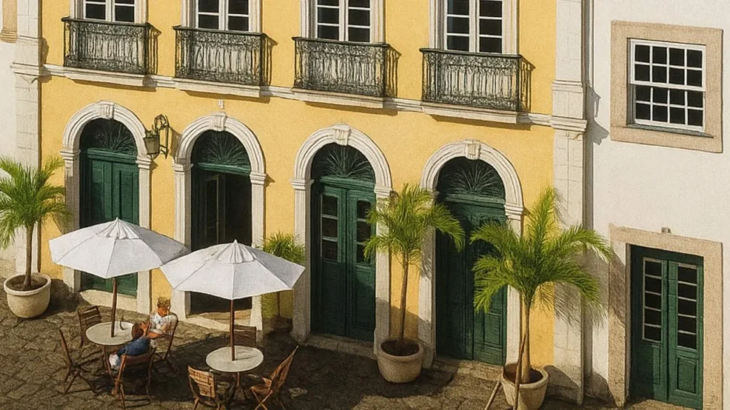Pátio colonial histórico com jacuzzi moderno integrado à arquitetura portuguesa em Salvador Bahia Hotéis Românticos com Jacuzzi no Brasil
