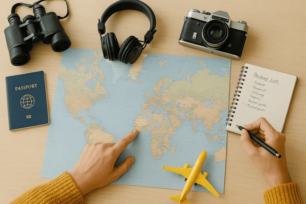 Mesa com mapa-múndi, câmera vintage, passaporte e lista de itens para viagem