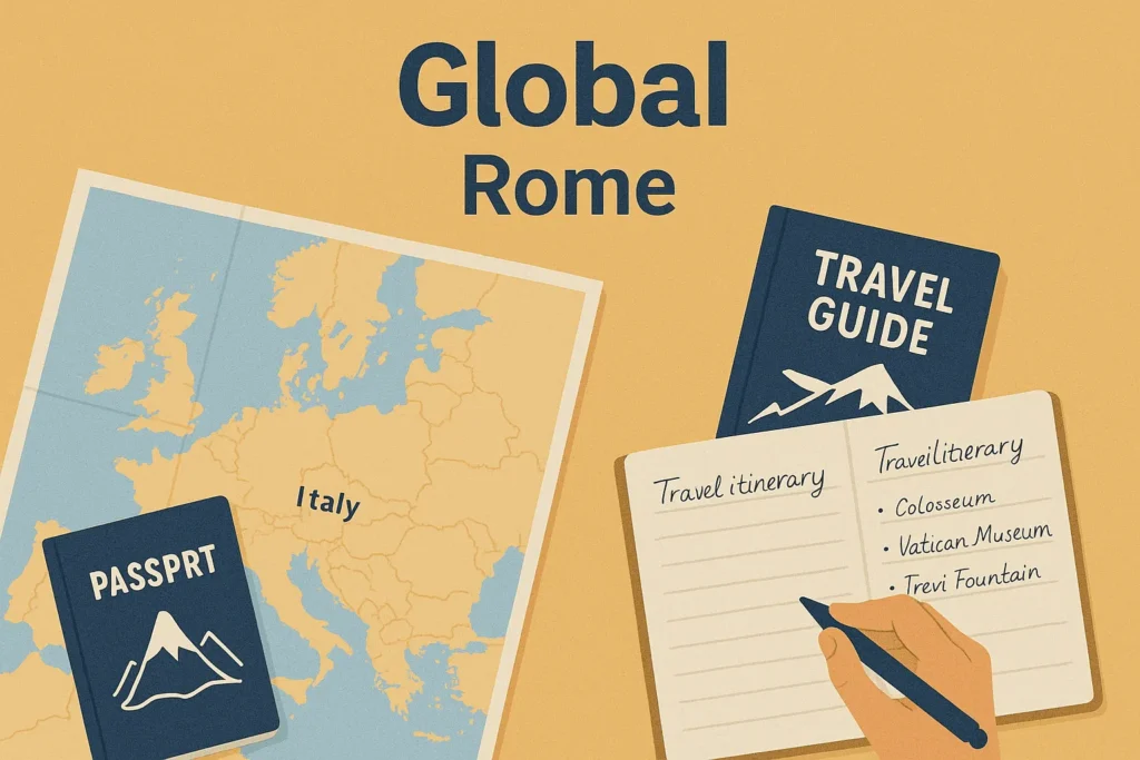 Ilustração de mapa da Europa com guia de viagem e roteiro desenhado para Roma. planejar uma viagem perfeita do zero