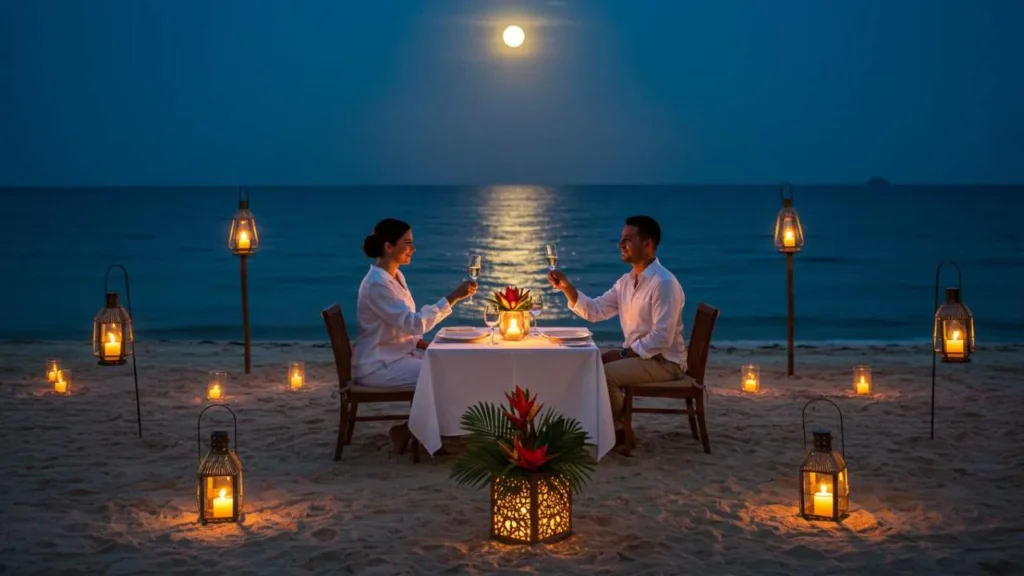 Destinos de Praia Românticos. Jantar romântico à luz de velas na praia com casal brindando sob lua cheia