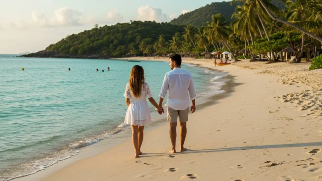 Casal recém-casado caminhando na praia durante lua de mel econômica no Brasil ao pôr do sol