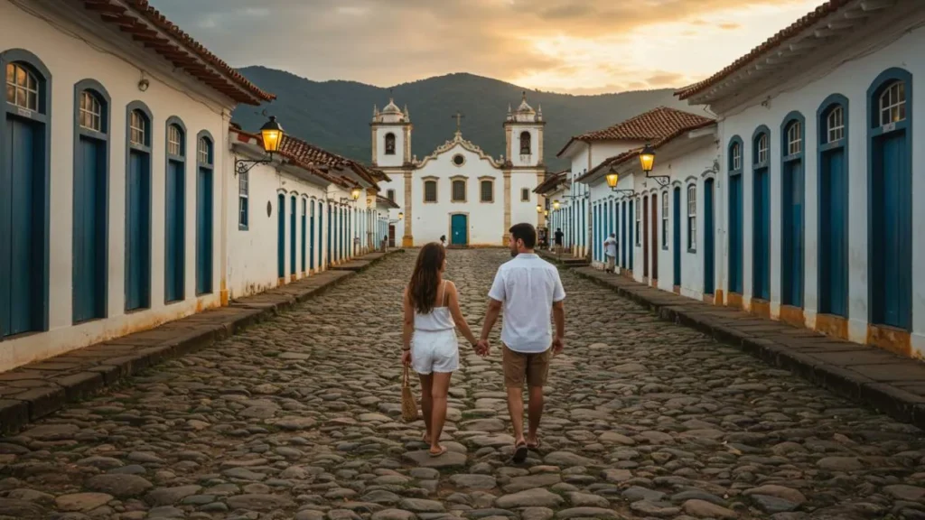 Casal caminhando de mãos dadas pelas ruas históricas de Paraty ao pôr do sol em viagem romântica