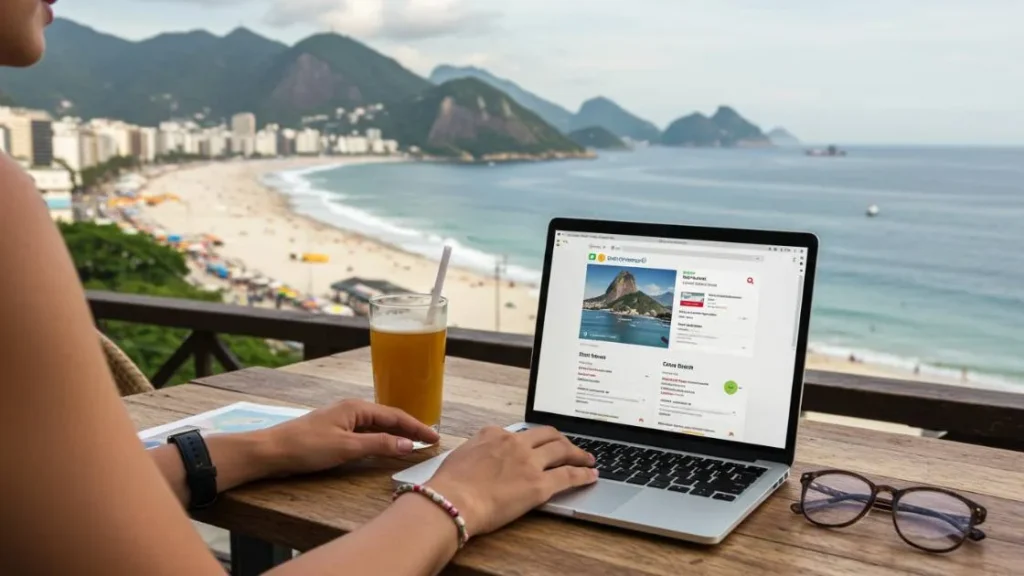 Turista pesquisando e comparando preços de hotéis baratos no Rio de Janeiro online com vista para Ipanema