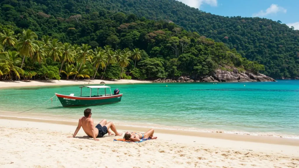 Casal relaxando na Praia Lopes Mendes em Ilha Grande com águas cristalinas e areia branca (Paraty e Ilha Grande)