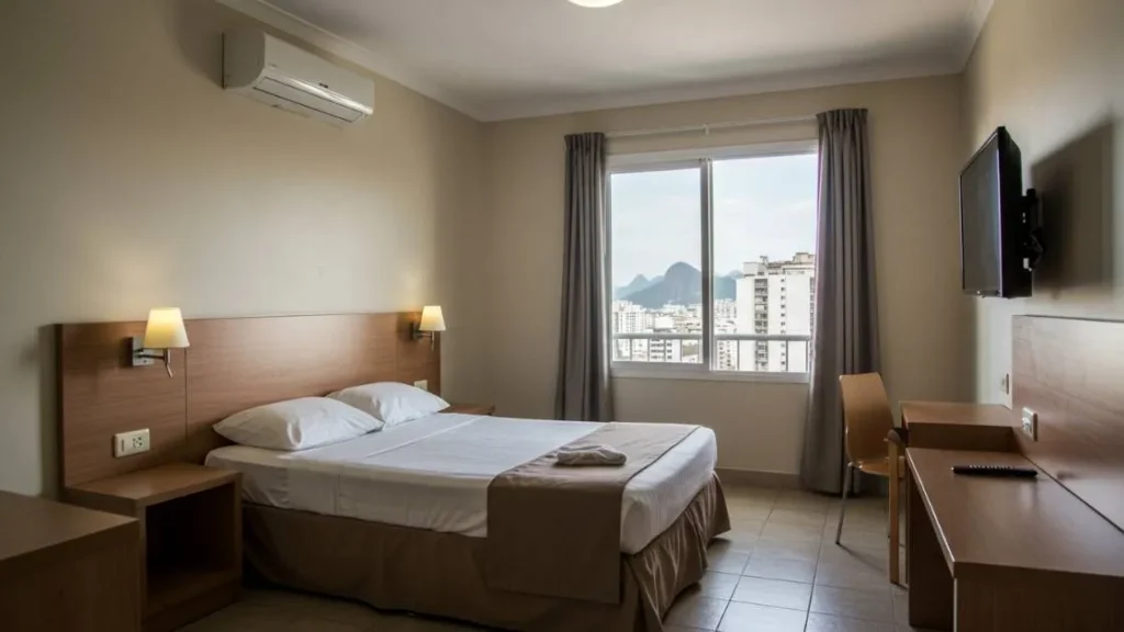 Quarto limpo e confortável de hotel econômico no Rio de Janeiro com ar-condicionado e vista urbana