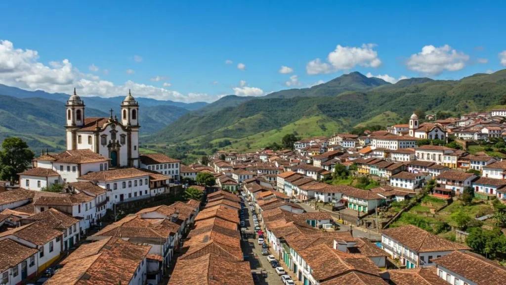Vista da cidade histórica de Ouro Preto com arquitetura colonial preservada e montanhas.