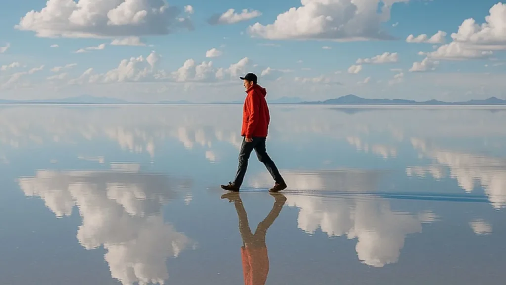 Salar de Uyuni com reflexo do céu e turista caminhando no espelho natural