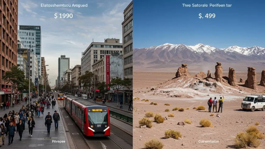 Comparação visual entre custos de Santiago e Deserto do Atacama no Chile para turistas