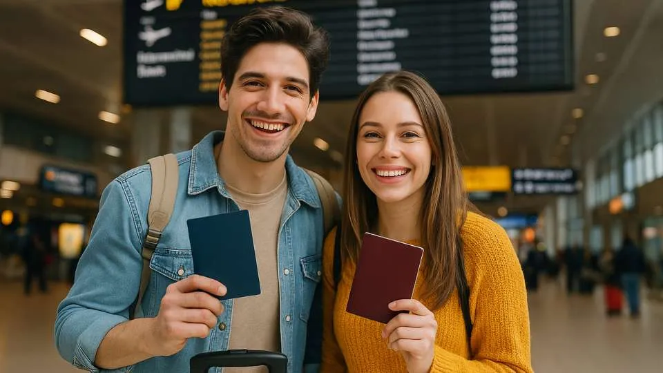 Casal viajante sorrindo em aeroporto internacional com passaporte e mala de mão