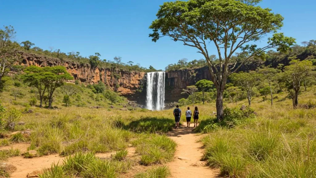 Trilha ecológica na Chapada dos Veadeiros com cachoeira e turistas em cenário natural. Destinos Baratos Para Viajar no Brasil em 2025