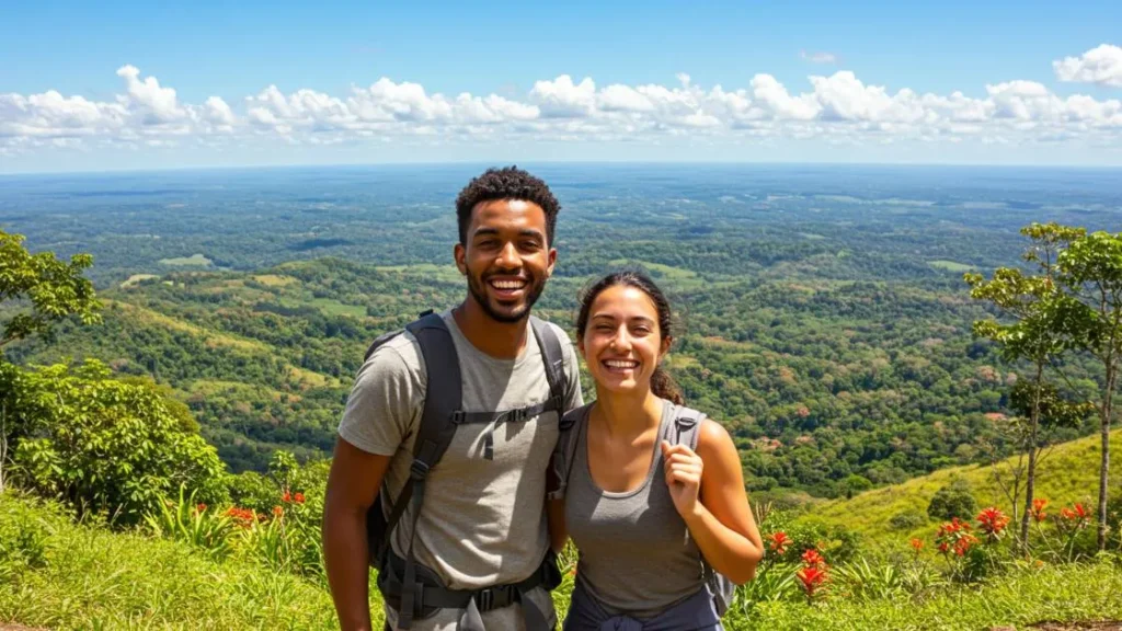 Casal viajando pelo Brasil em meio à natureza, representando viagens baratas e inesquecíveis.