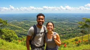Casal viajando pelo Brasil em meio à natureza, representando viagens baratas e inesquecíveis.