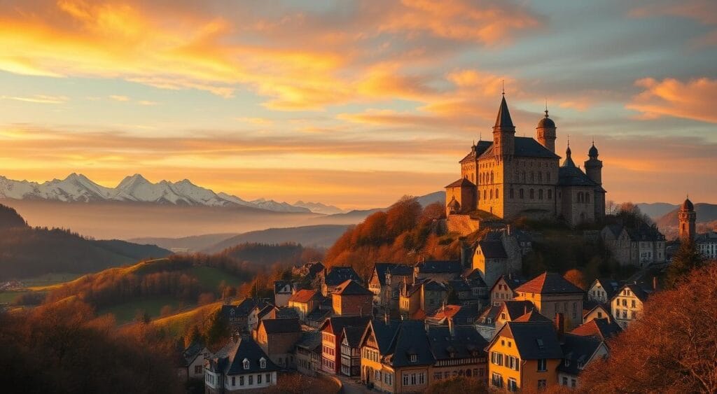 A breathtaking, cinematic landscape showcasing the diverse charms of Europe throughout the seasons. In the foreground, a picturesque village nestled in rolling hills, its cobblestone streets and half-timbered houses bathed in warm, golden light. In the middle ground, a medieval castle perches atop a rocky outcrop, its turrets and spires silhouetted against a vibrant sunset sky. In the background, snow-capped mountain peaks pierce the horizon, hinting at the rugged, majestic landscapes beyond. The scene is imbued with a sense of timeless elegance and charm, perfectly capturing the allure of visiting Europe at different times of the year. Rota de Viagem.