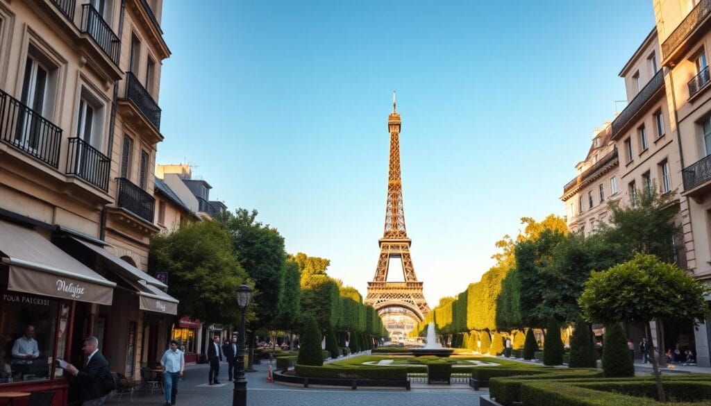 A breathtaking view of the iconic Eiffel Tower, the timeless symbol of Paris, standing tall against a clear blue sky. In the foreground, a quaint Parisian street scene unfolds, with charming cafes, cobblestone paths, and locals strolling by. The middle ground is filled with lush greenery, meticulously manicured gardens, and a serene fountain. In the distance, the intricate latticework of the tower's steel structure is bathed in warm, golden light, casting a romantic glow over the entire scene. The image conveys a sense of timeless elegance and the quintessential Parisian experience, inviting the viewer to immerse themselves in the beauty and wonder of this iconic landmark and its surrounding neighborhoods.