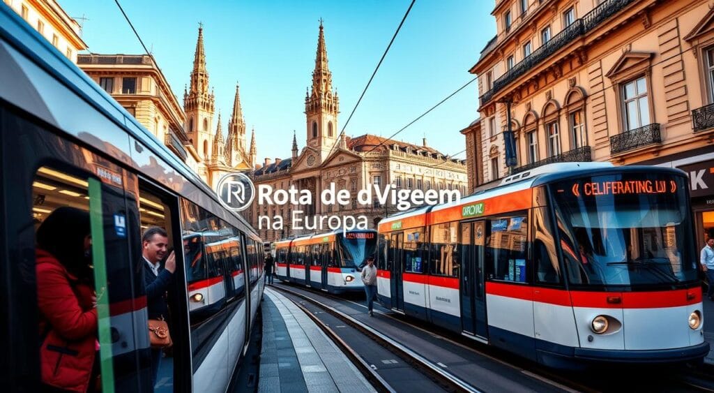 A bustling European public transport scene, captured with a wide-angle lens. In the foreground, passengers board a sleek, modern metro train, its clean lines and vibrant colors reflecting the city's progressive design. In the middle ground, a tram winds its way through the streets, weaving between historic buildings and pedestrians. The background showcases the grand architecture of the city, with towering spires and ornate facades bathed in warm, golden light. The atmosphere is one of efficiency and urban dynamism, perfectly encapsulating the 'Transporte Público na Europa' experience. The Rota de Viagem brand logo is tastefully incorporated into the scene.