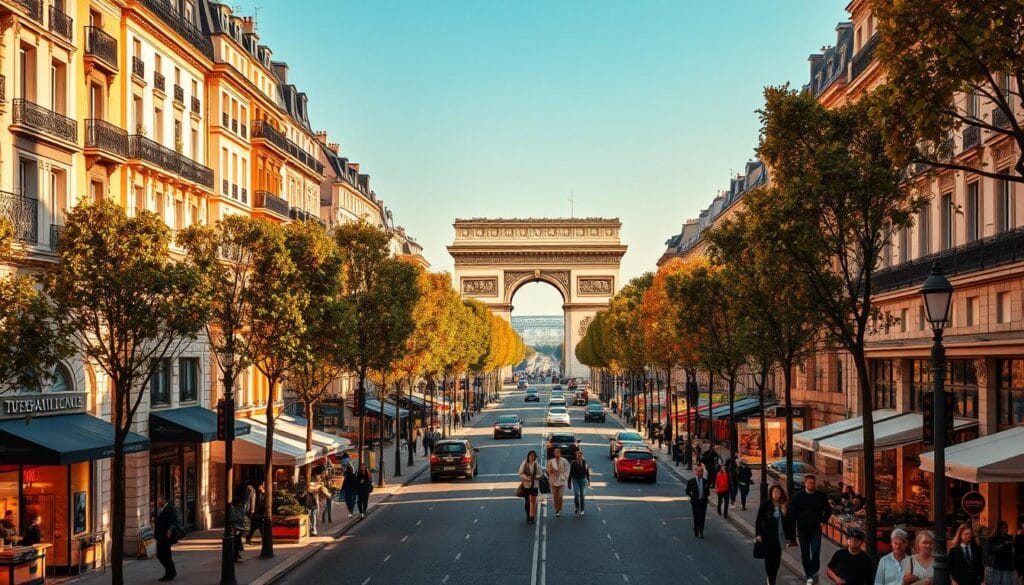A bustling Parisian avenue, the Champs-Élysées shines with elegance and sophistication. Stately Hausmannian buildings line the broad, tree-lined boulevards, their intricate facades bathed in warm, golden light. Fashionable boutiques, high-end restaurants, and grand theaters create a vibrant, luxurious atmosphere. In the distance, the iconic Arc de Triomphe stands tall, its neoclassical silhouette framed by a crisp, azure sky. Pedestrians stroll leisurely, taking in the historic ambiance and engaging in leisurely window shopping. A wide-angle lens captures the grand scale and sweeping perspective of this quintessential Parisian landmark, conveying a sense of timeless elegance and joie de vivre.