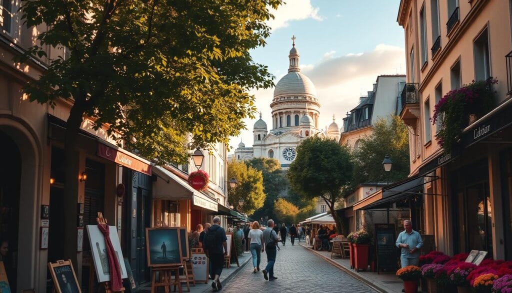 A charming street scene in the heart of Montmartre, Paris, featuring the iconic Sacré-Cœur Basilica in the distance, its grand white domes silhouetted against a picturesque sky. In the foreground, a quaint cobblestone lane is lined with lively cafés, artists' easels, and vibrant flower stalls, capturing the district's renowned artistic flair and romantic ambiance. Warm, golden sunlight filters through the trees, casting a soft, inviting glow over the lively street, where locals and visitors stroll leisurely, immersed in the timeless allure of this beloved Parisian neighborhood.