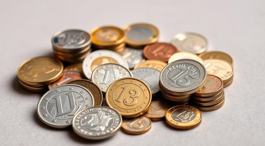 A collection of gleaming European coins arranged artfully on a neutral background, lit with soft, natural lighting. The foreground features a variety of denominations, from the iconic euro to less common currencies, all meticulously detailed. The middle ground showcases the diverse designs and textures of the coins, while the background fades to a subtle, muted tone, allowing the coins to take center stage. The overall mood is one of sophistication and financial stability, accentuating the importance of understanding the main currencies used across Europe. Rota de Viagem