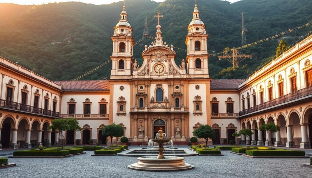 A grand, colonial-style monastery stands tall against the backdrop of Rio de Janeiro's lush, verdant hills. The Mosteiro de São Bento's ornate, baroque façade gleams in the warm, golden sunlight, its intricate details and towering bell towers casting dramatic shadows across the cobblestone plaza. The monastery's peaceful courtyard, with its serene water fountain and lush, manicured gardens, offers a tranquil respite from the bustling city streets. Soft, diffused lighting highlights the rich, wooden interiors and the ornate, gilded altars, creating an atmosphere of reverence and contemplation. This architectural jewel, a testament to Brazil's colonial past, stands as a picturesque and historically significant landmark, inviting visitors to step back in time and immerse themselves in the cultural and spiritual essence of Rio de Janeiro.