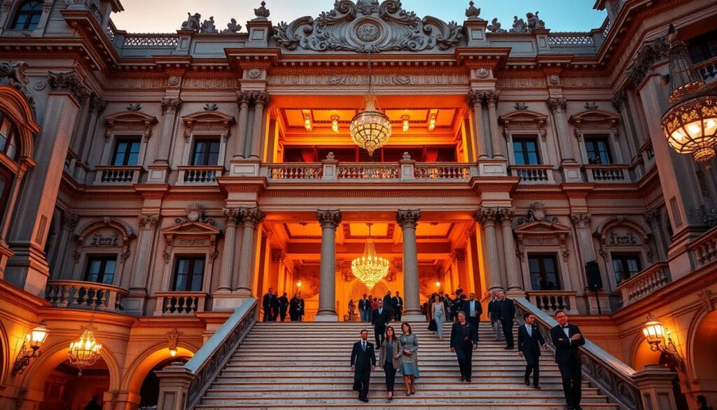 A grandiose neo-Renaissance building stands majestically, its ornate facade bathed in the warm glow of the setting sun. Intricate stone carvings and towering columns frame the grand entrance, leading to a stunning interior of gilded detailing and opulent chandeliers. Elegant patrons in formal attire ascend the sweeping marble staircase, anticipation etched on their faces as they prepare to experience the grandeur of a performance at the Theatro Municipal do Rio de Janeiro, a cultural landmark that embodies the city's rich artistic heritage.