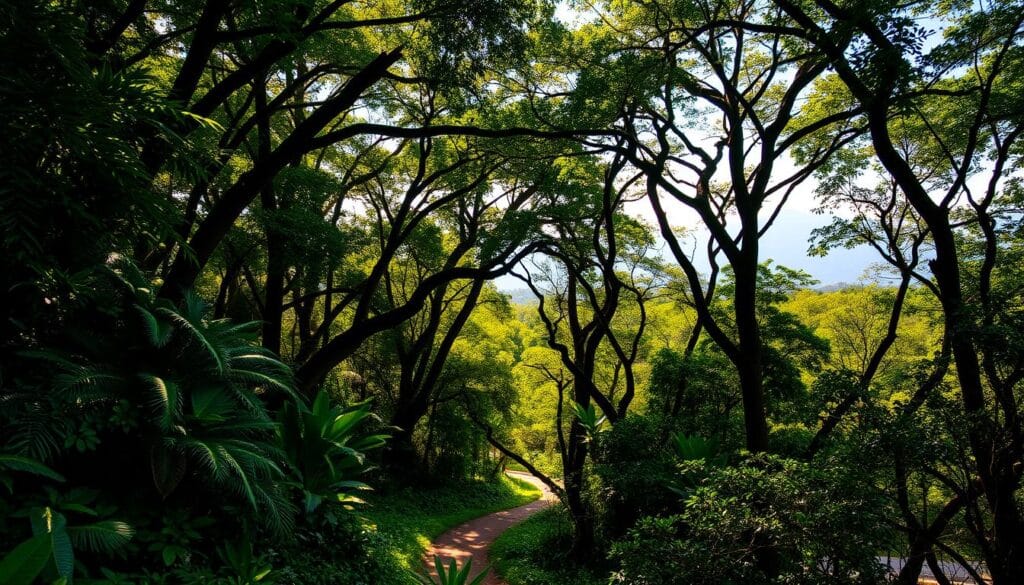 A lush, verdant landscape of the Parque Nacional da Tijuca, with towering tropical trees and vibrant foliage filling the frame. Dappled sunlight filters through the canopy, casting a warm, golden glow over the scene. In the middle ground, a winding path meanders through the verdant understory, inviting the viewer to explore this oasis of green. In the distance, the silhouettes of mountains rise, providing a dramatic backdrop to this verdant sanctuary. The overall atmosphere is one of tranquility and natural beauty, perfectly capturing the essence of this urban forest gem.